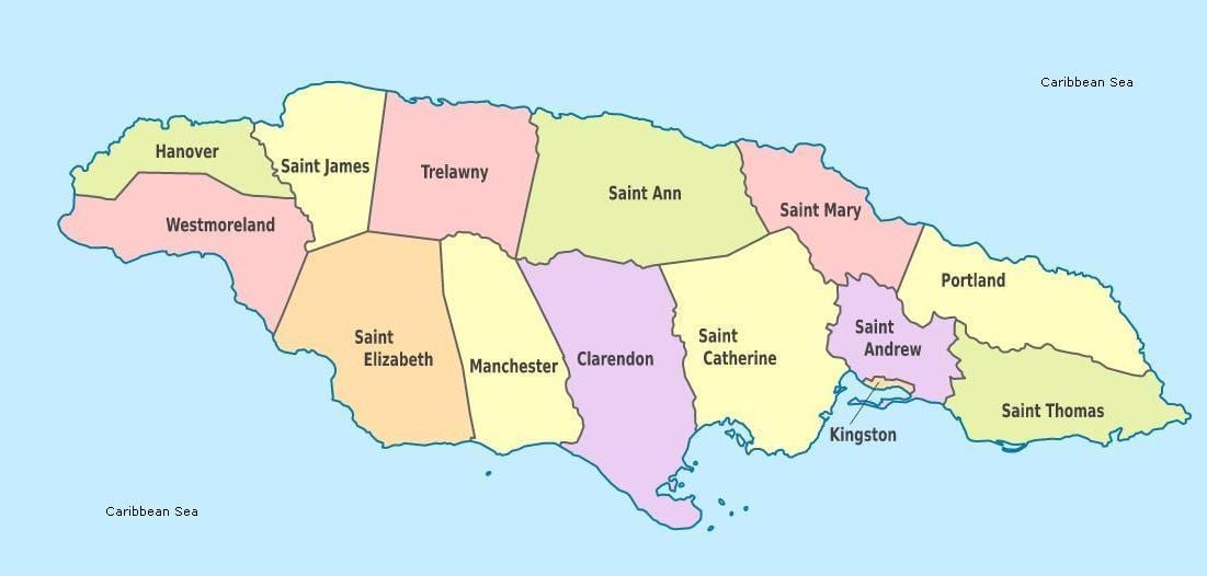 Mapa ng jamaica west indies na may mga parishes