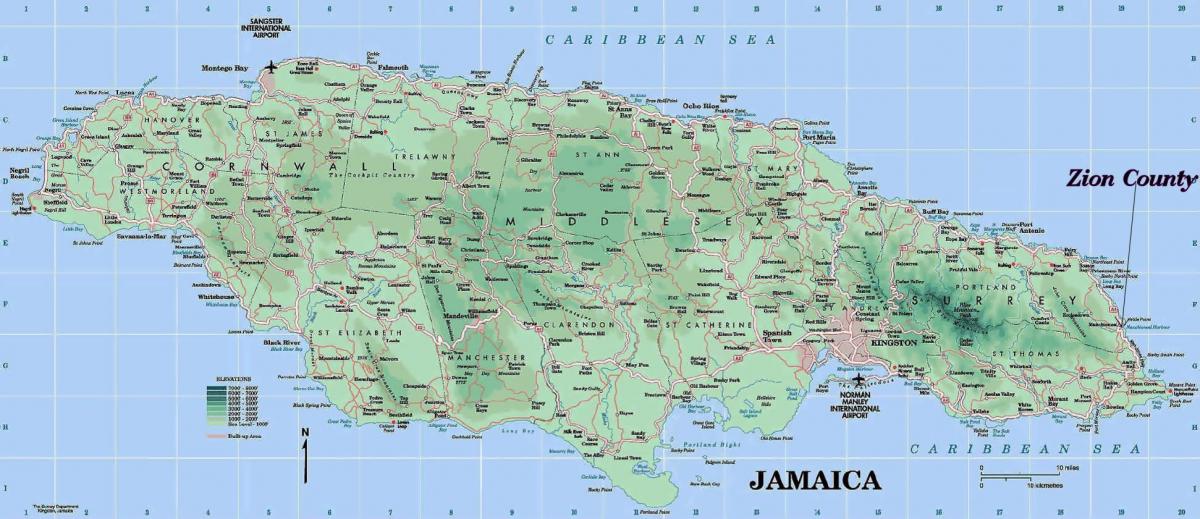 pisikal na mapa ng jamaica ng pagpapakita ng mga bundok