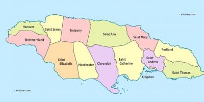 Isang mapa ng jamaica sa mga parishes at mga capitals