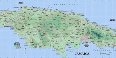 Pisikal na mapa ng jamaica ng pagpapakita ng mga bundok